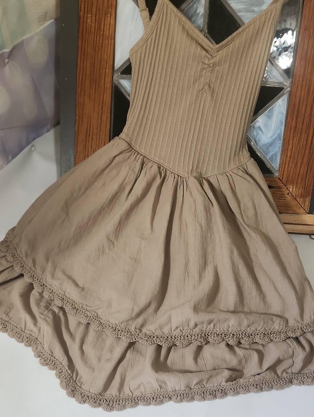 aerie Mini Dress in Taupe Fitted Ribbed Bodice, Double Layer Lined Skirt Portion